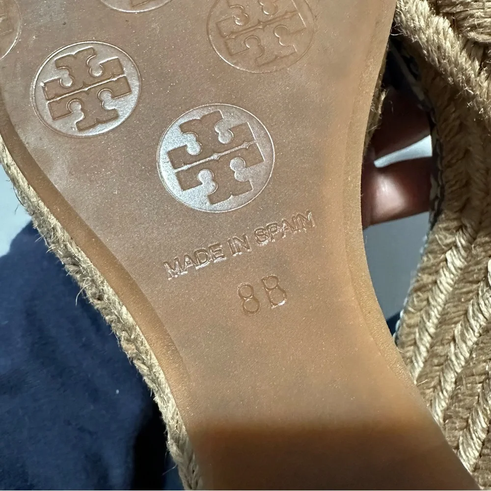 Tory Burch Navy Espadrille Wedge Ankle Strap All Over Logo Print Size 8 B